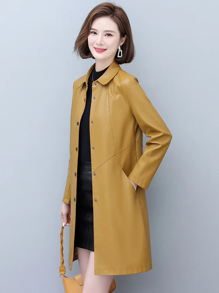 Neu Frauen Frühling Herbst Ledermantel Lässig Mode Plus Baumwoll-Futter Mittellang Lose Schafsfell Trenchcoat Mutter Oberbekleidung