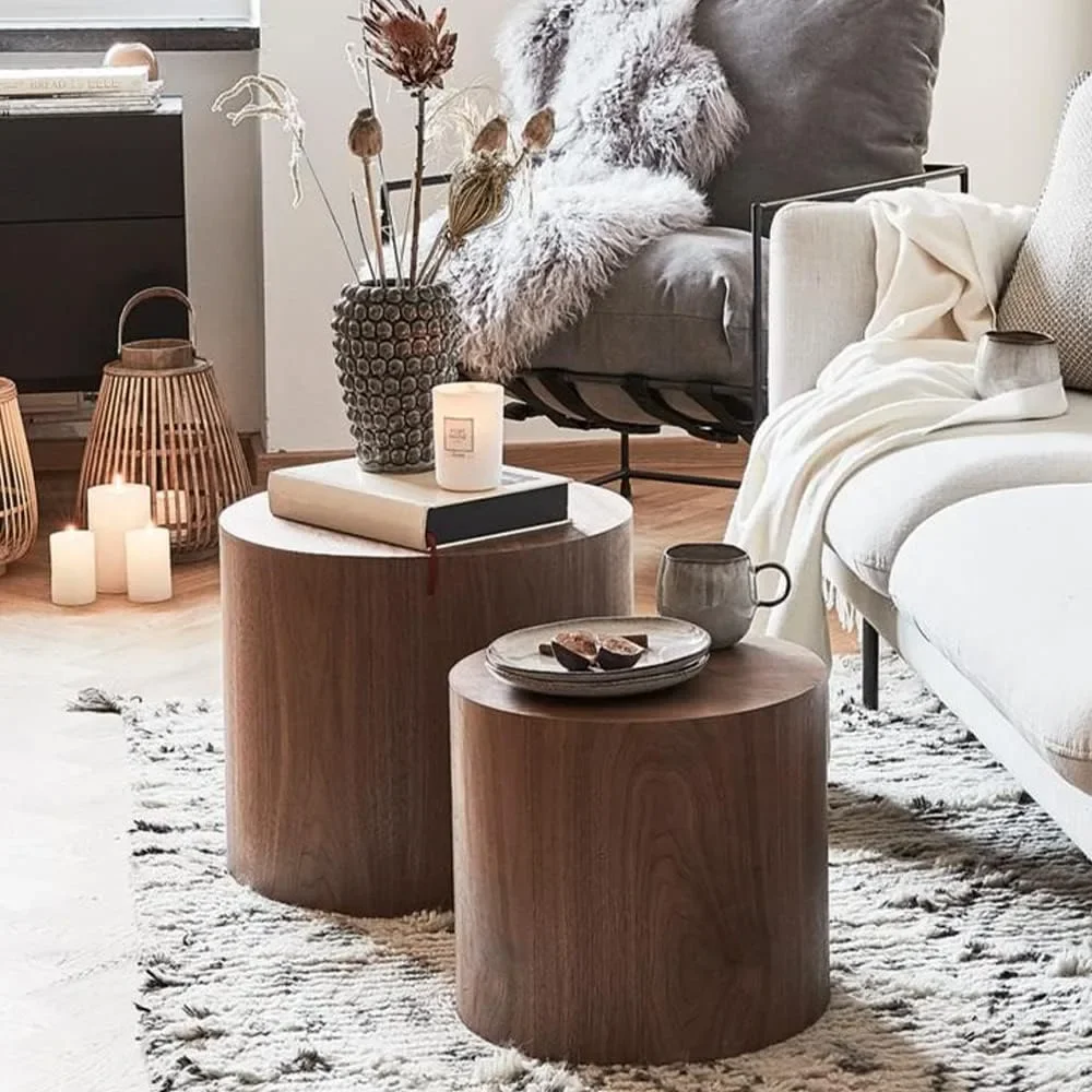 Nesting Couch tisch 2er Set, Walnuss runde Holz Couch tische modernen Kreis Tisch