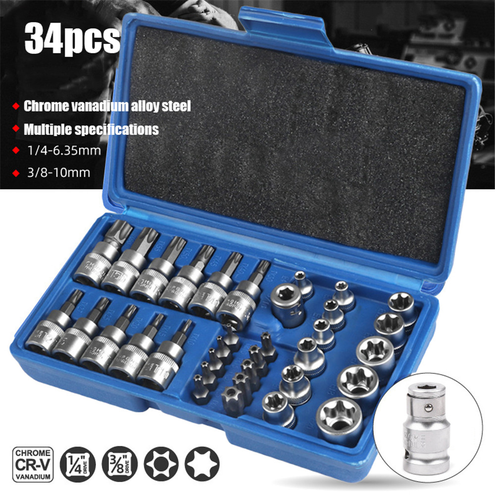 34 pçs conjunto de soquete catraca chave torque torx estrela soquetes caixa impacto fêmea soquete adaptador e soquete bits unidade ferramentas manuais