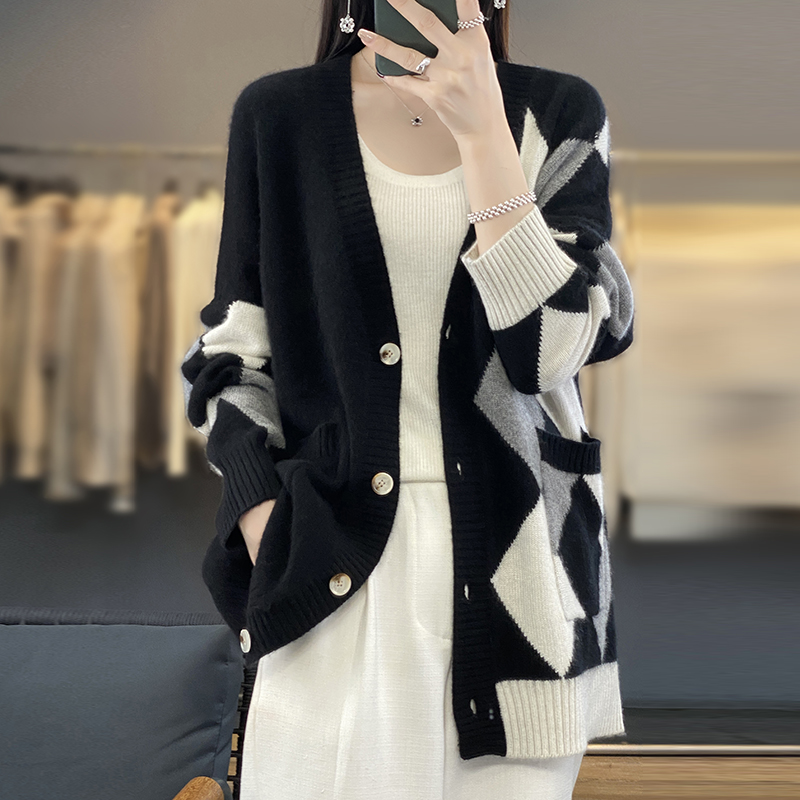 Sweater cardigan wanita, mantel wol murni leher V warna cocok longgar musim gugur dan dingin 2023