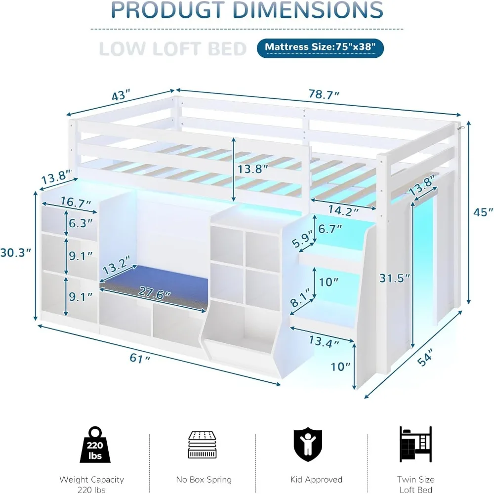 Low Loft Bed Twin Size with LED Lights, Wooden Kids Twin Loft Bed with Storage Bookcase, Toy Box, Reading Nook and Secret Play