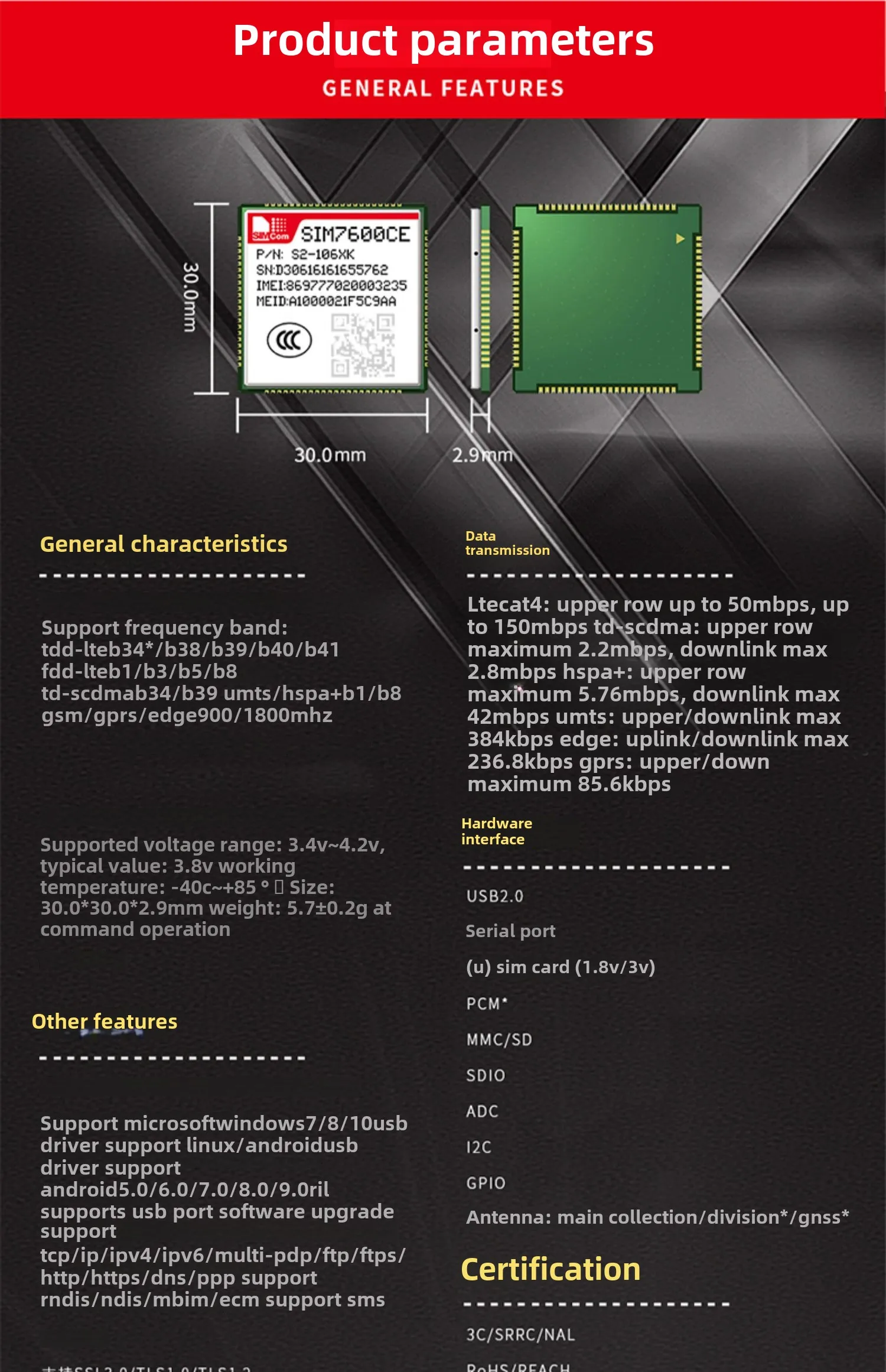 Simcom 4G completo Netcom módulo de comunicação sem fio de 5 modos SIM7600CE-T com posicionamento GPS PCM