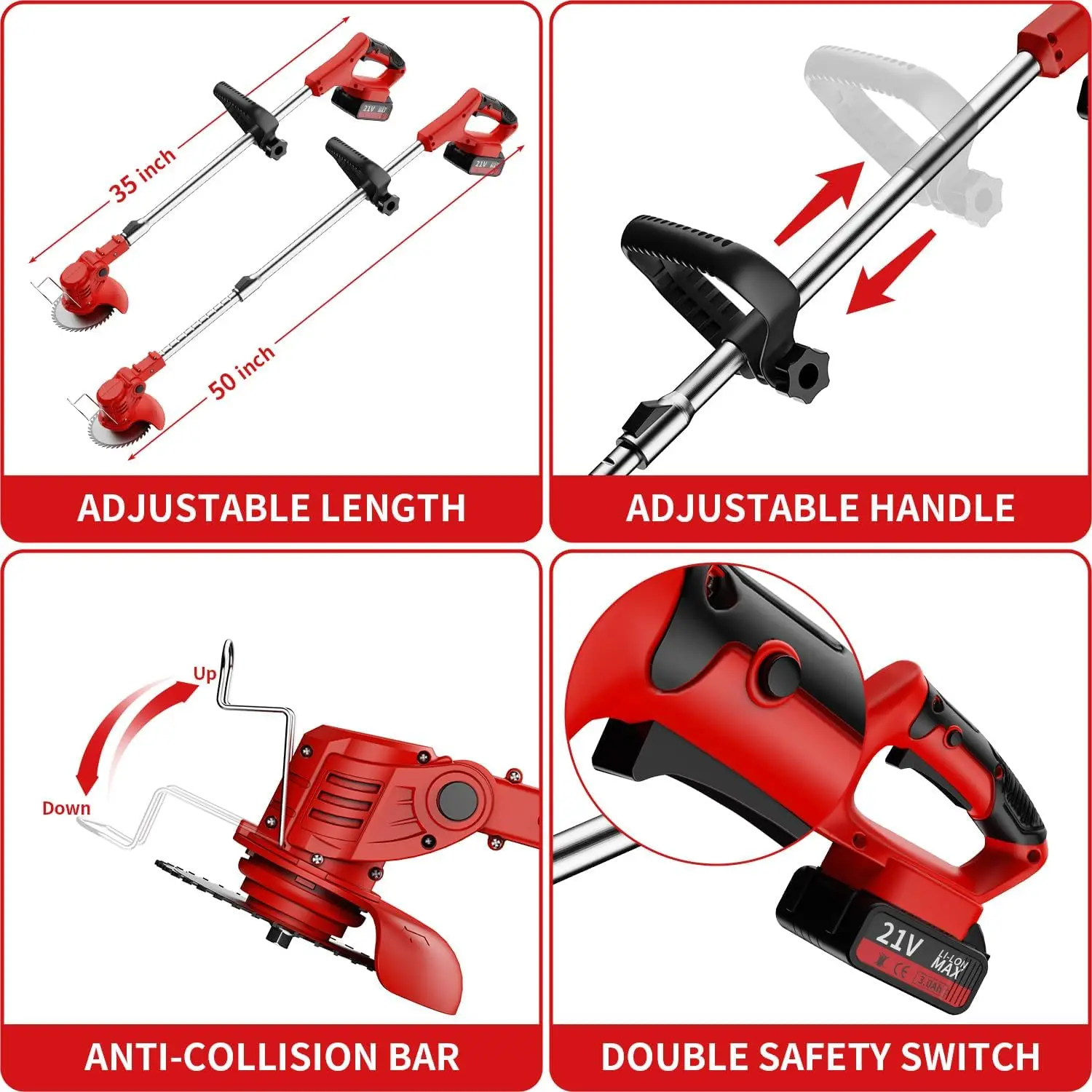Cordless Lawn Trimmer Weed Wacker Lawn Mower Grass Edger with 2 Li-Ion Batteries Powered & 3 Cutting Blade Types