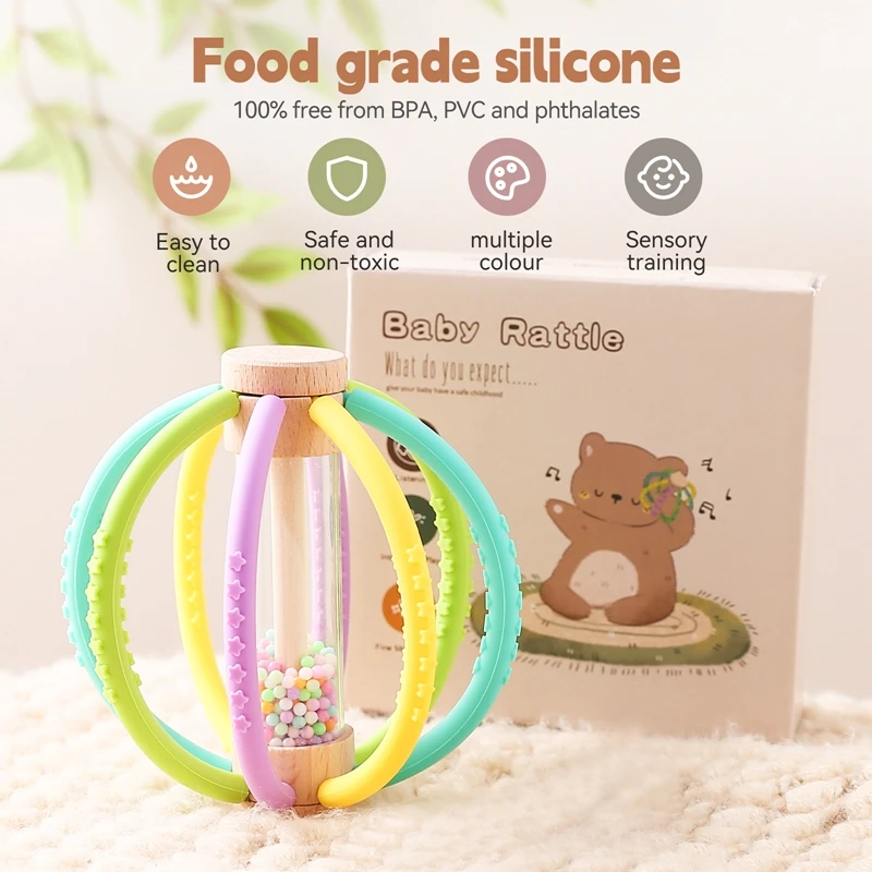 아기 딸랑이 장난감 나무 Teether 침대 벨 실리콘 몬테소리 공 아기 감각 터치 장난감 아이 치과 치료 껌 손 ​ 어금니 스틱 선물