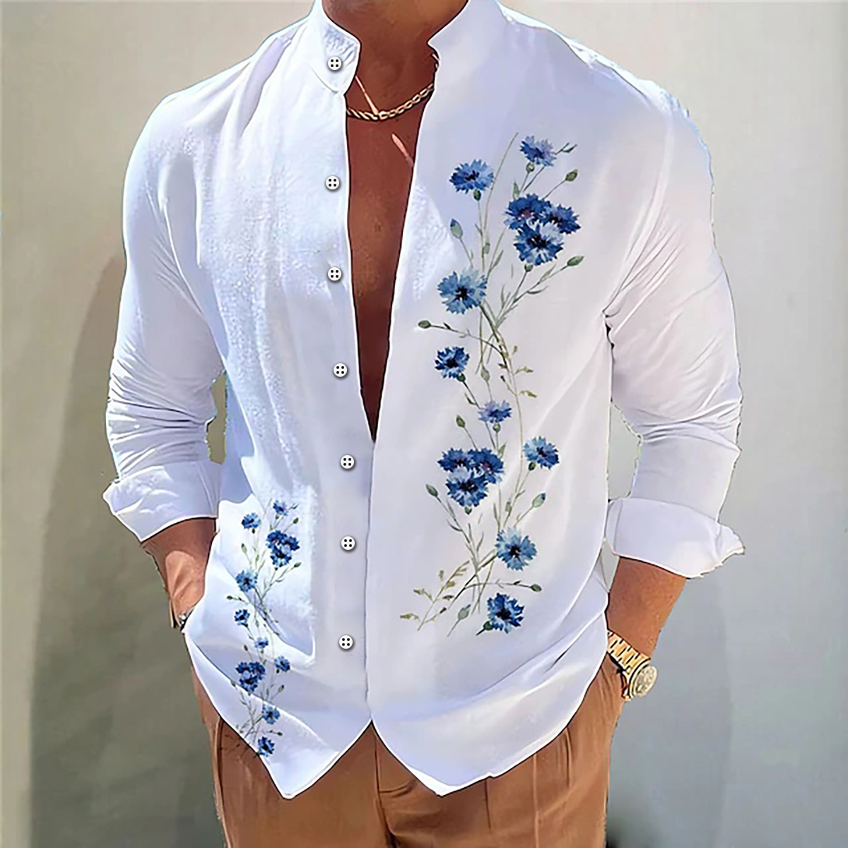 Camisa de hombre camisa de flores impresión 3D casual diario al aire libre calle cuello alto camisa de manga larga de moda y cómoda