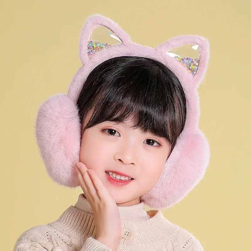 Orejeras de gato de invierno para niña, orejeras plegables y cálidas, bonitas, de piel sintética, suaves y esponjosas, estilo coreano, cubierta para las orejas para niños
