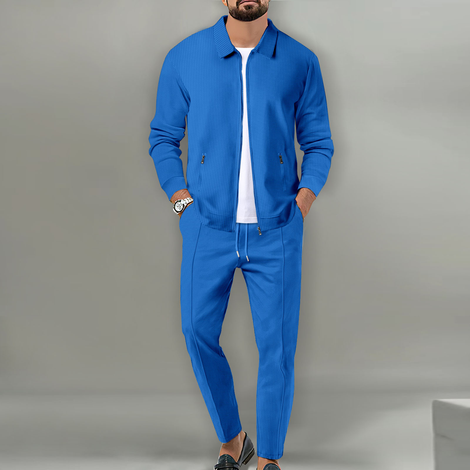 Conjunto de chaqueta tipo gofre para hombre, chaqueta con cremallera y solapa de Color sólido, pantalones informales y cómodos, superventas, primavera y otoño