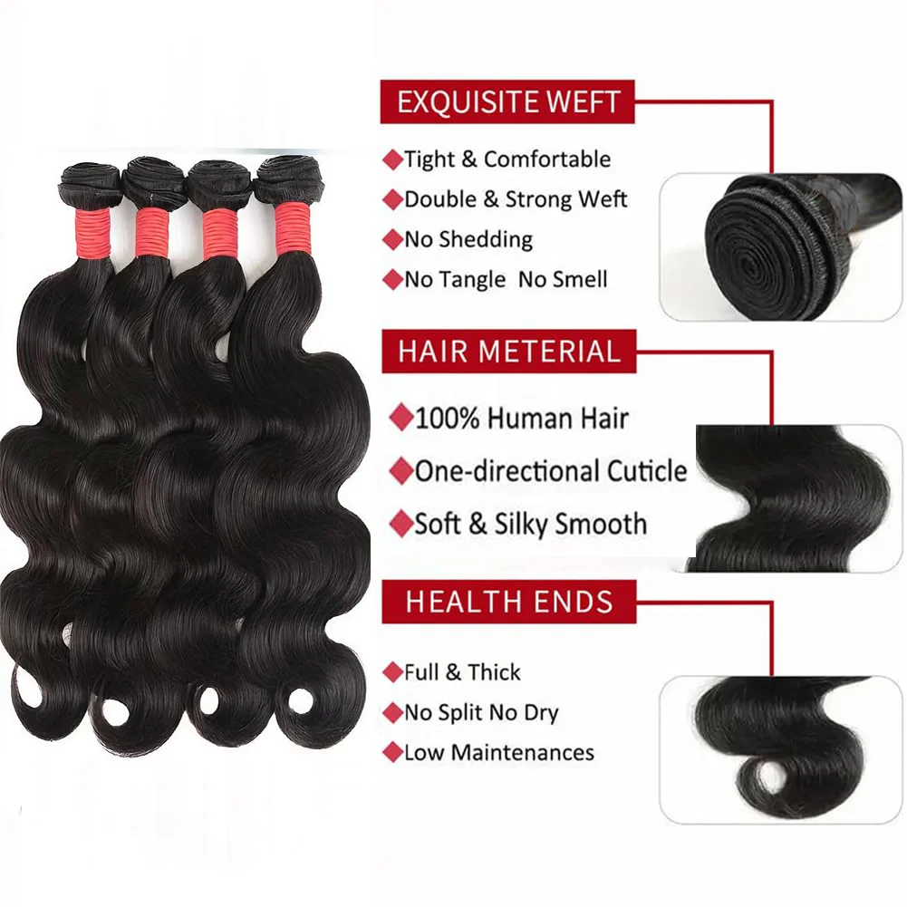 Wiggogo onda do corpo pacotes com fechamento cabelo humano brasileiro 1/3/4 peças com extensões de onda de água não processadas pacotes negócio