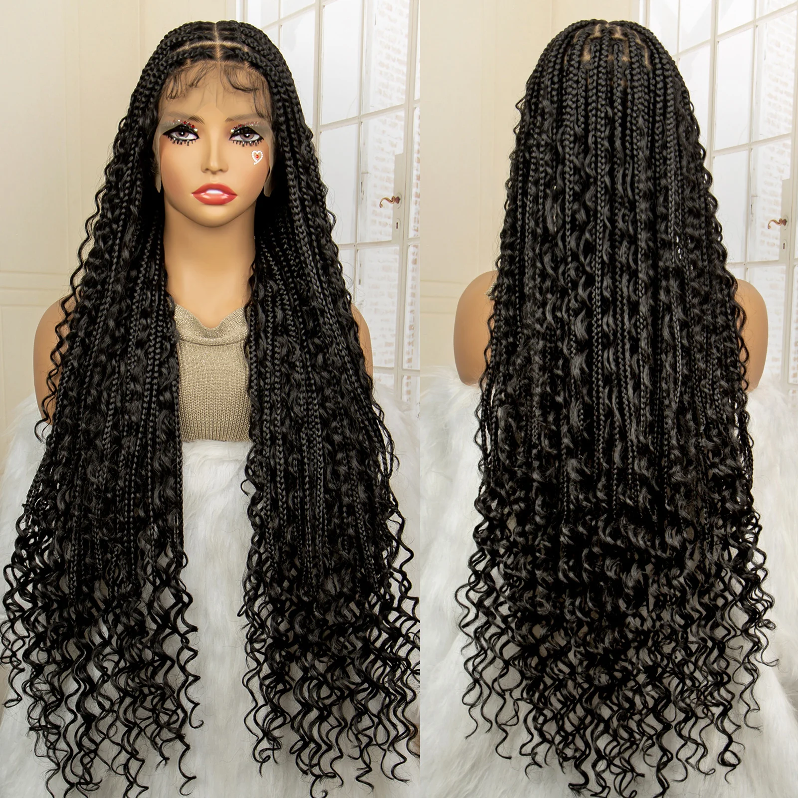36 polegadas de comprimento boho trançado perucas com cabelo do bebê sintético completo laço sem nós caixa trança peruca com encaracolado peruca frontal do laço