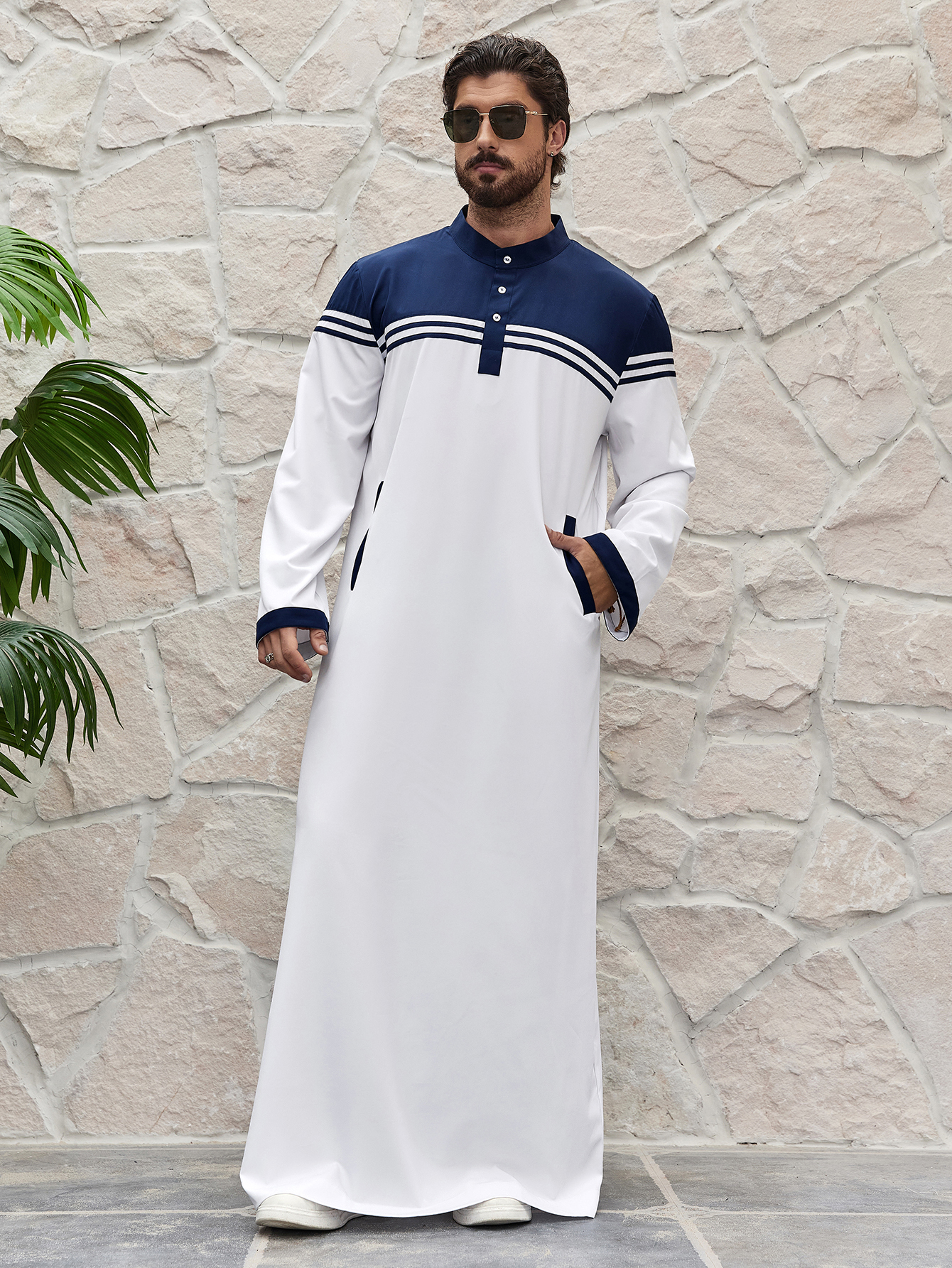 Islam Ramadán Color bloqueado Thobe musulmán tradicional para hombres, vestido largo islámico estilo Ramadán camisa bata, moda de Oriente Medio