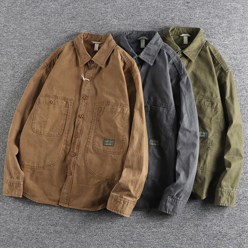 Classic Retro Work Shirt with Distressed and Heavy Washed Design, A Timeless Style for Everyday Wear
