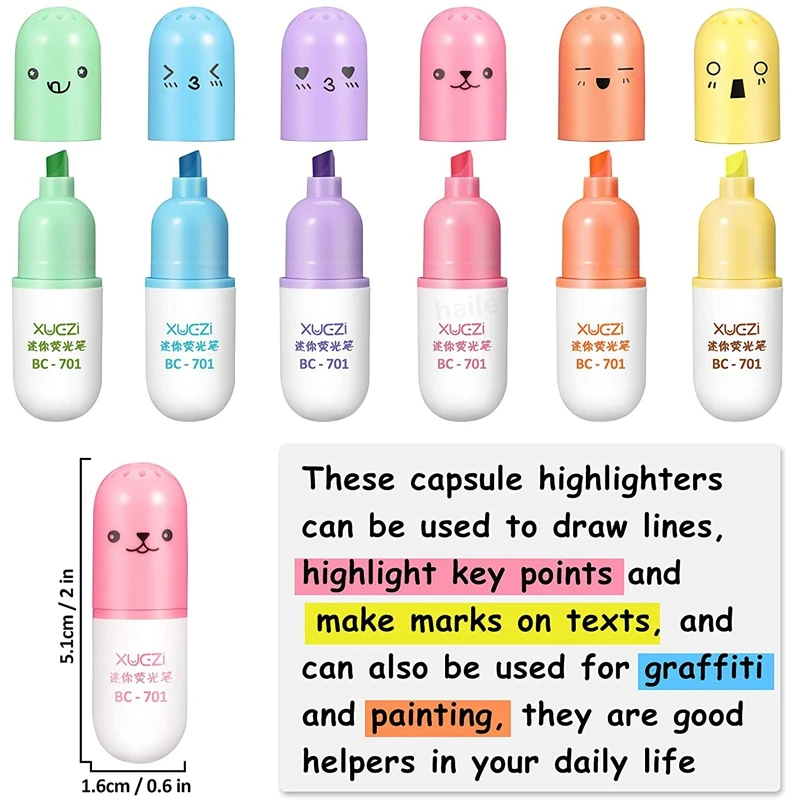 6 ชิ้น Kawaii Mini Pills Highlighter ชุดปากกาน่ารักตลกยิ้ม Face Fluorescent Marker ปากกาสํานักงานโรงเรียน Art เครื่องเขียน Supplie