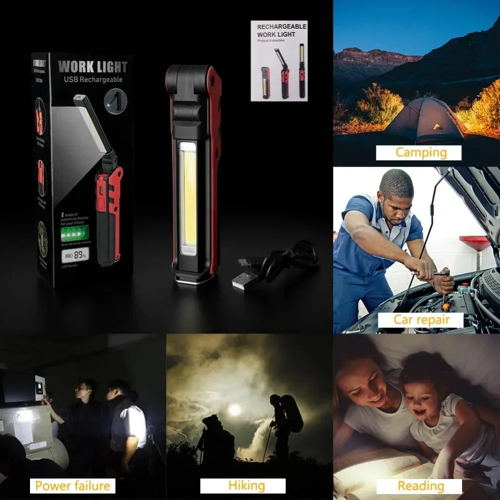 Portable COB LED Work Light USB Rechargeable Flashlight Inspection Lamp with Magnetic Hook Power Bank Torch for Car Repair