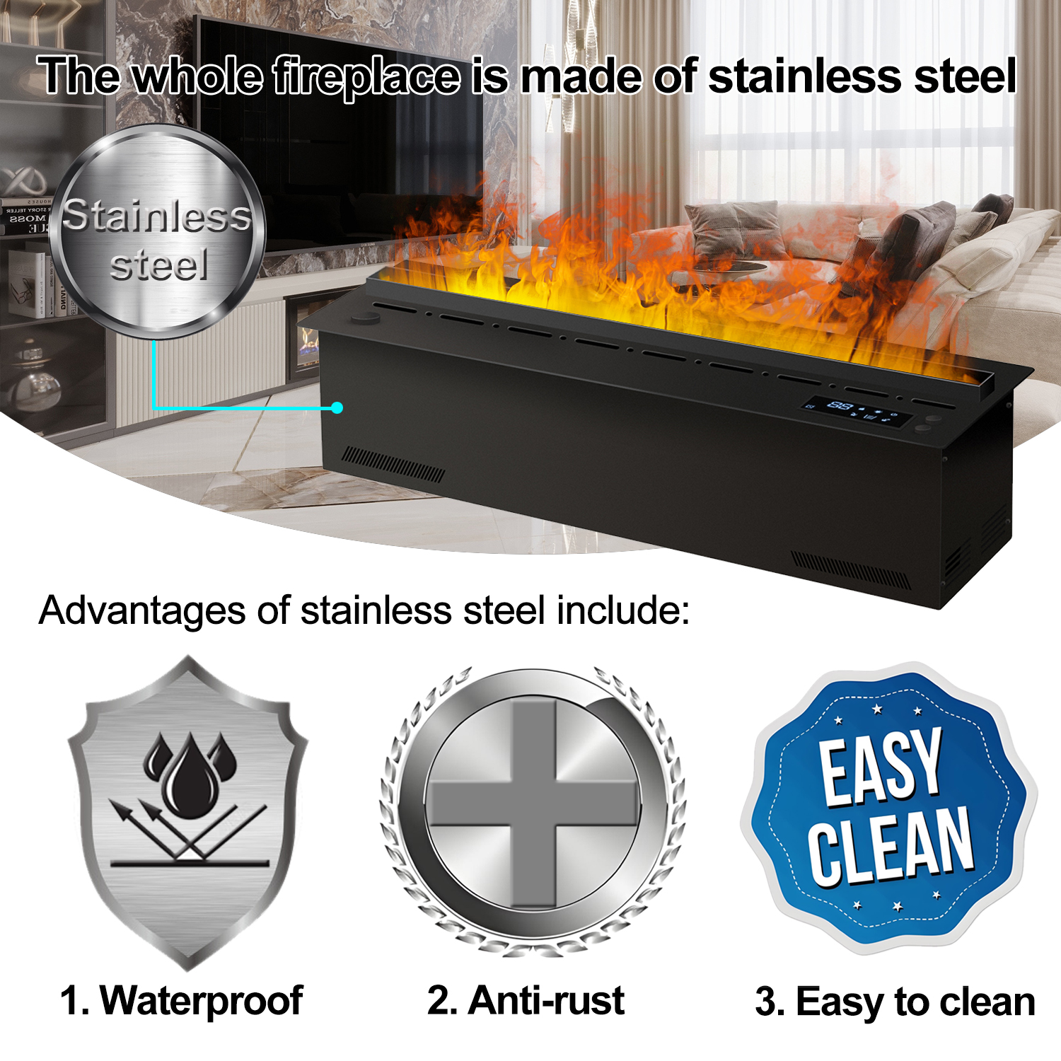 Intelligenter Wasserdampfkamin, 3D-Flammeneffekt, Tuya-App-Steuerung, eingebauter Luftbefeuchter, moderner Kamin zur Heimdekoration, energiesparend, rauch- und geruchslos, simuliertes Holzbrenngeräusch, umweltfreundlic