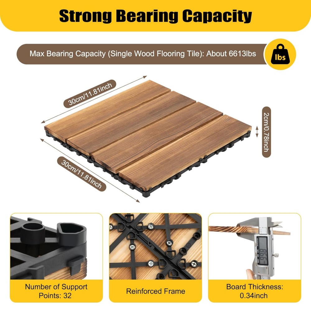 36 Pack Hardwood Interlocking Patio Deck Tiles 12" x 12" x 1" Waterproof Outdoor Indoor Brown Interlocking Deck Tile Patio Tiles