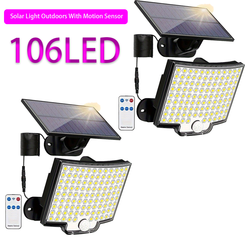 106LED Solar Light Outdoor Waterproof with Motion Sensor Floodlight Remote Control 3 Modes for Patio Garage Garden Decoration