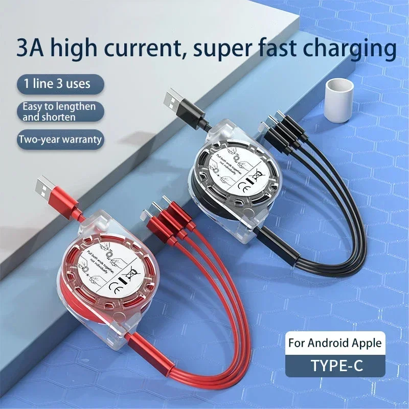 Cable telescópico 3 en 1 adecuado para Apple tipo C teléfono móvil Android Cable USB de carga rápida 3A para iPhone Cable Usb C