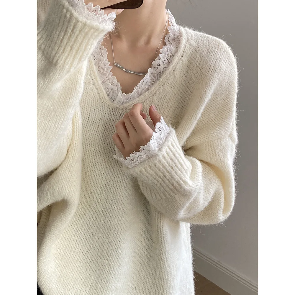 Suéter quente com acabamento em renda para mulheres com decote em V manga comprida inverno solto top macio