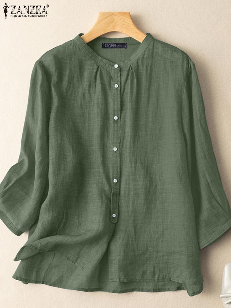 2023 Zanzea Herbst Sommer Blusen lässig Frauen Hemden einfarbig Ärmel Knöpfe Baumwolle Leinen Blusas solide Top lässige Tunika