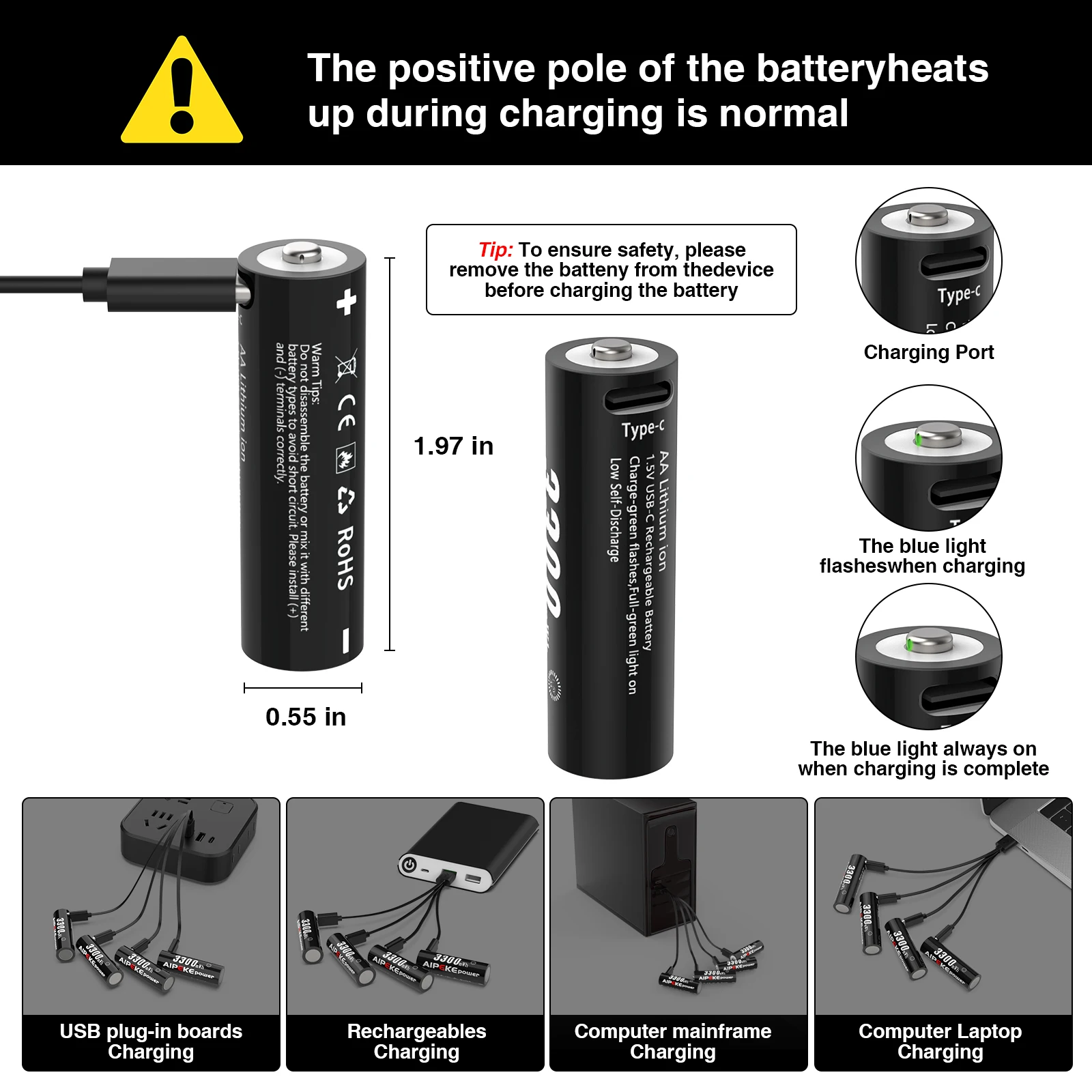 AIPEKE 1.5V 3300mWh Aa rechargeable batteries USB Type-C aa Rechargeable Lithium Battery for Hunting Camera Remote Control Mouse