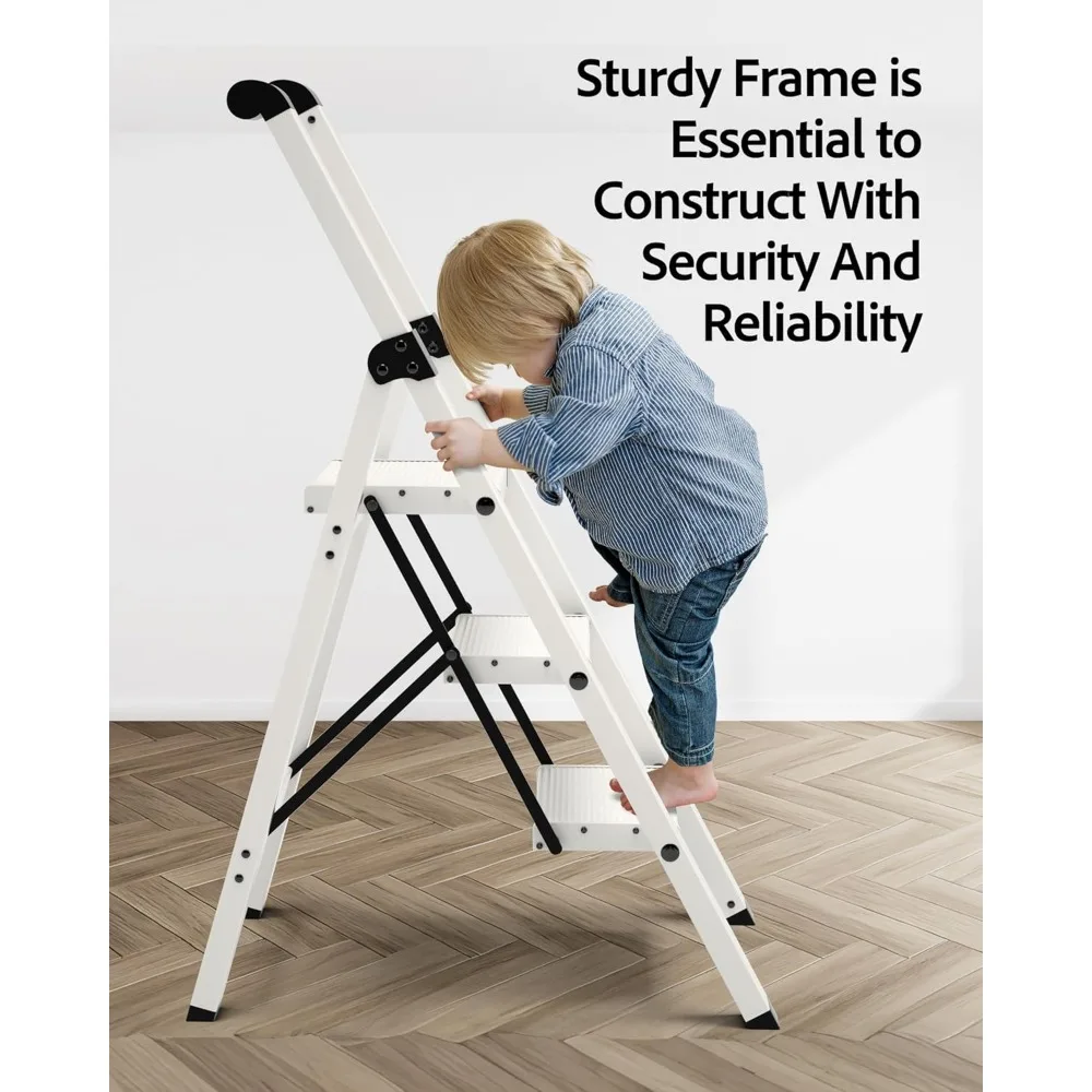 3 Step Ladder, Lightweight Aluminum Step Stool with Convenient Handgrip, Folding Ladder with Anti-Slip Pedals, 330lbs Capacity