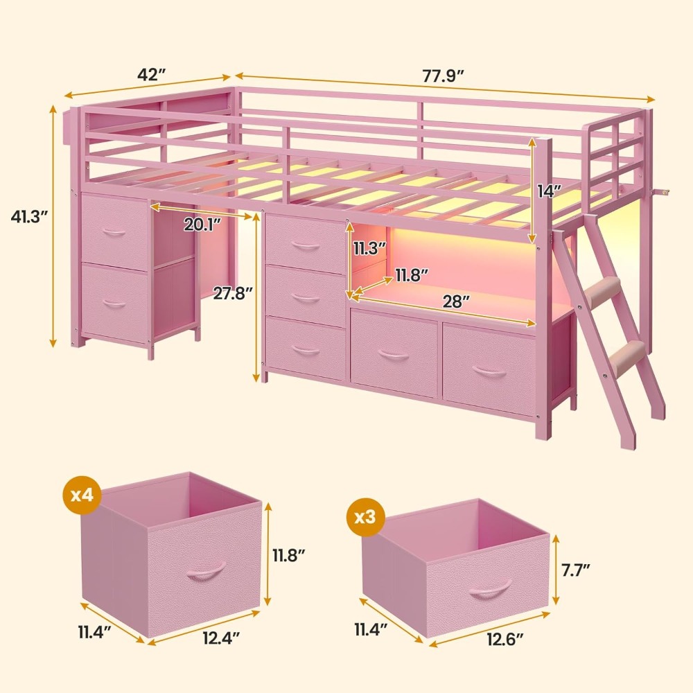 Low Loft Bed Twin Size with 7 Storage Drawers, Bookcase and LED Lights, Metal Kids Loft Bed with 14 H Safety Guardrail,