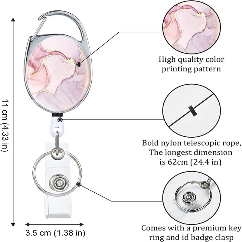 1pc 大理石オーバル簡単プルバッジリールキーホルダー卵型 Portacredencial ナースバッジホルダー格納式バッジクリップ