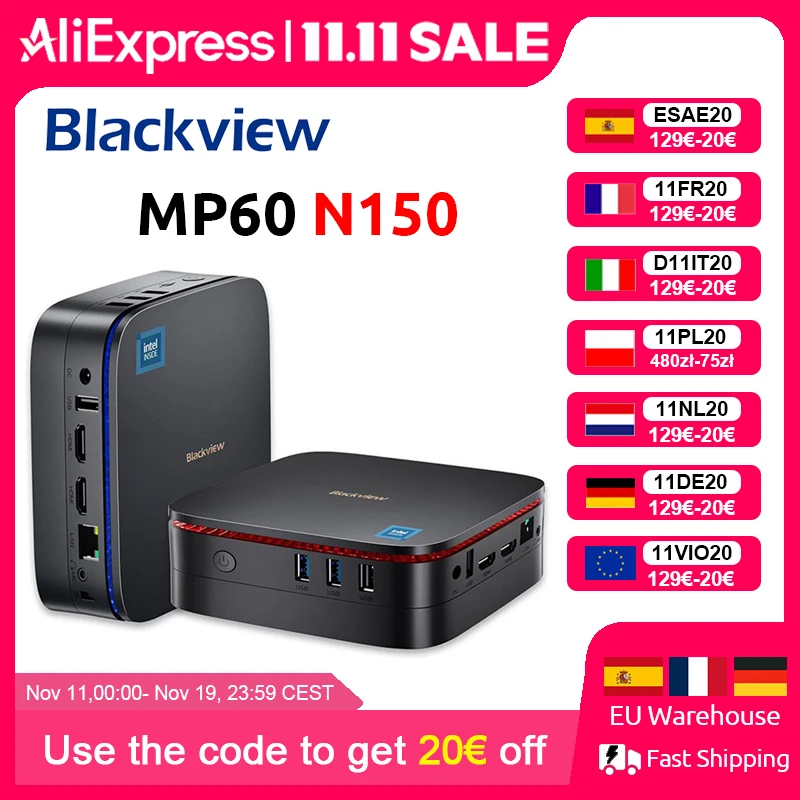 Blackview NUOVO MP60 N150 Mini PC Windows 11 PC 16GB 512GB SSD Supporto Display 4K UHD Doppio HDMI Dual-Band WIFI Intel UHD Grafica