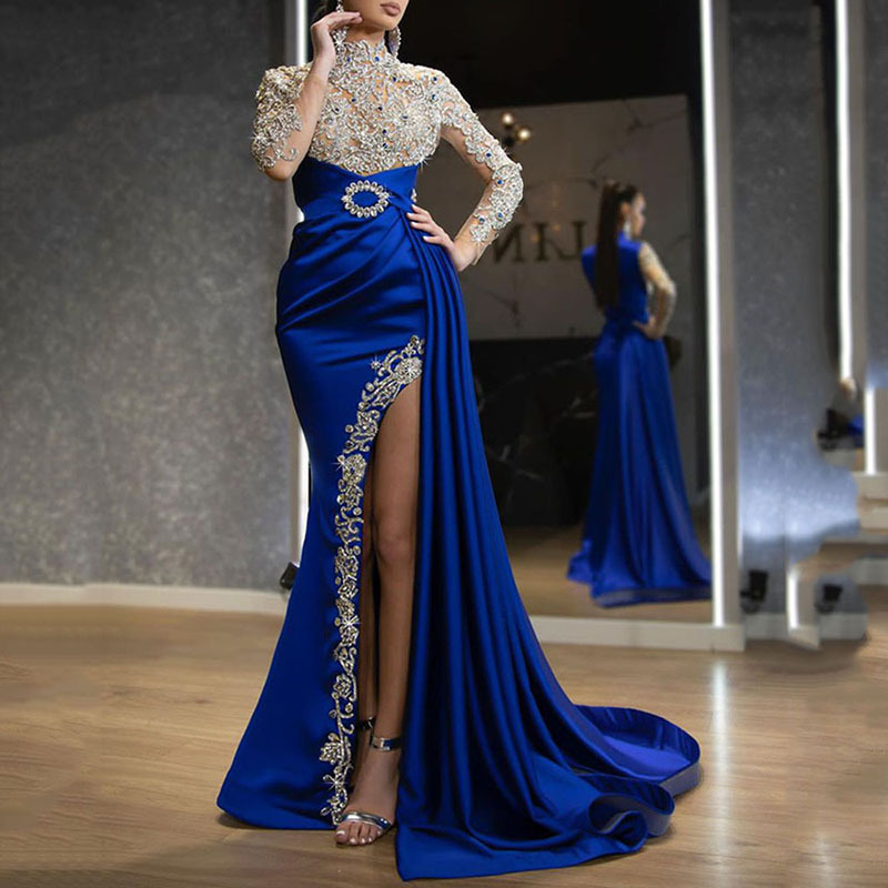 2022 outono novo elegante vestidos de festa feminino azul ouro-polvilhado split costura meia gola alta vestido de noite vestido de lantejoulas