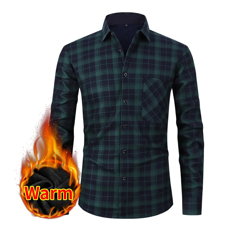 เสื้อเชิ้ตผู้ชายขนาดอเมริกันแขนยาวฤดูใบไม้ร่วงฤดูหนาว WARM PLUS ขนแกะหนาลายสก๊อตขนาดใหญ่แฟชั่นฟรีเหล็ก