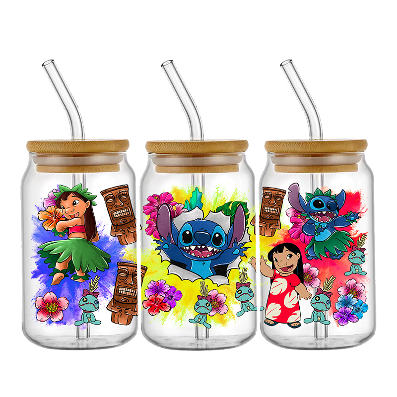 Disney Stitch Lilo UV DTF Transfer Sticker For 16oz Libbey Glass Sticker Cup Wrap Decal DIY Permanent Selfadhesive Waterproof