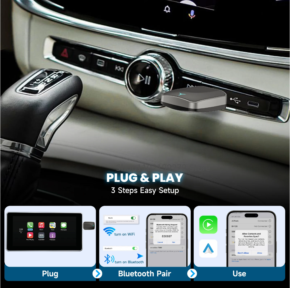2025 NEW 2 in 1 Wireless Carplay AI Box Android Auto Plug and Play Applicable To Convert Original Car Wired Carplay To Wireless