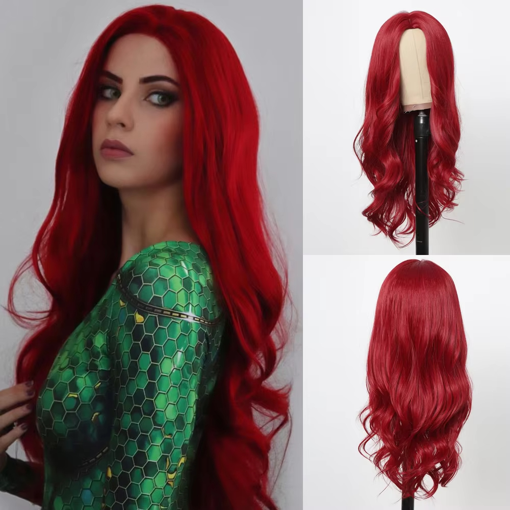 Cosplay Mera Pruiken Rood Lang Golvend Synthetisch Haar Pruiken Middelste Deel Natuurlijk Uitziende Pruik voor Vrouwen Party Halloween Pruik Hittebestendig