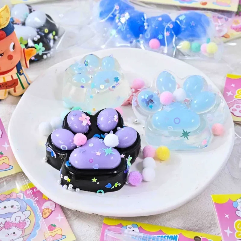 Kawaii Cute Cat's Paw TPR Pinch Toy Slow Rebound Blingbling Squeeze Decompression Toy Transparent Cube PU Sensory Toy Gifts