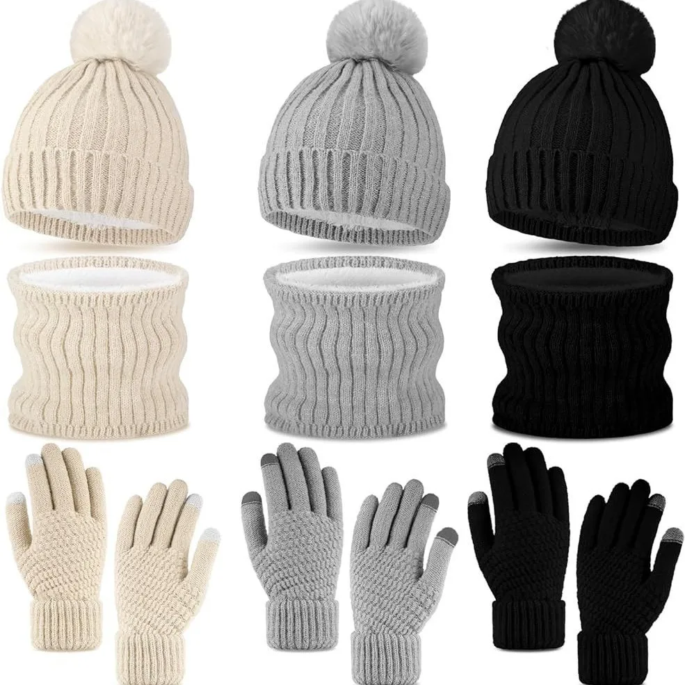 Winter gestrickte warme Handschuhe, Mützen, Schals, dreiteiliges Set mit dicker Samt- und Anti-Kälte-Mütze