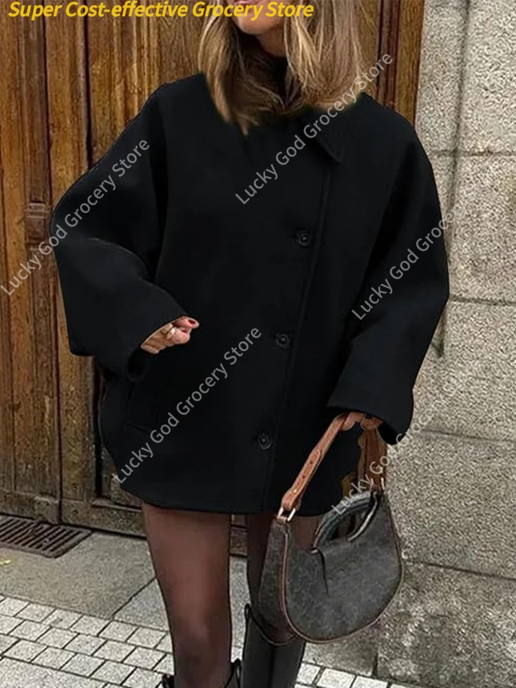 ZBZA Women's Oblique button Loose batwing sleeve jacket coat Lapel Long Sleeve Double Pocket Warm Solid Color Vintage Outerwear Autumn winter New Female Chic coat