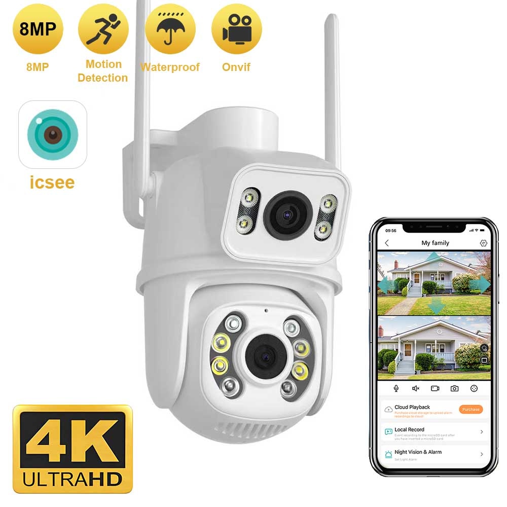 Cámara Wifi PTZ de 8MP, 4K, lente Dual con pantalla Dual, detección humana Ai, seguimiento automático, cámara de vigilancia en exterior inalámbrica, aplicación ICSee