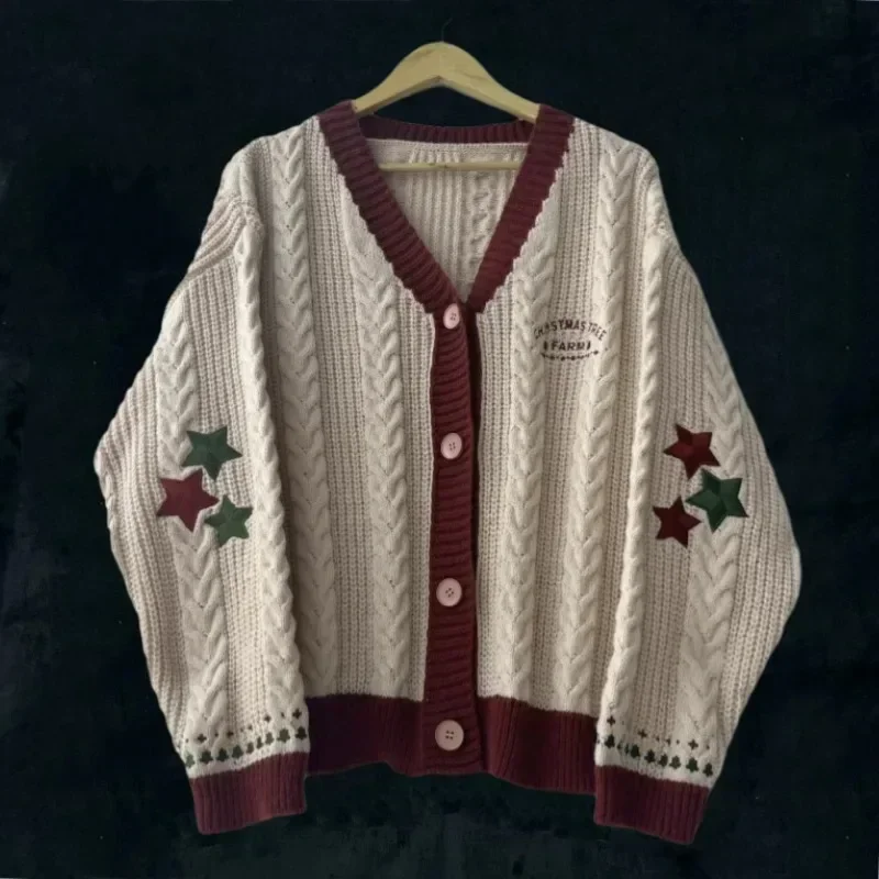 Árvore de natal feminino cardigan outono inverno malha cardigans com estrela bordado férias camisola folclore topos presente de natal