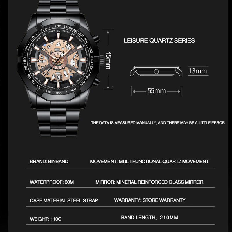 BINBOND-Homens de aço inoxidável impermeável relógios de quartzo, masculino azul relógios de pulso, marca superior, luxo, oco