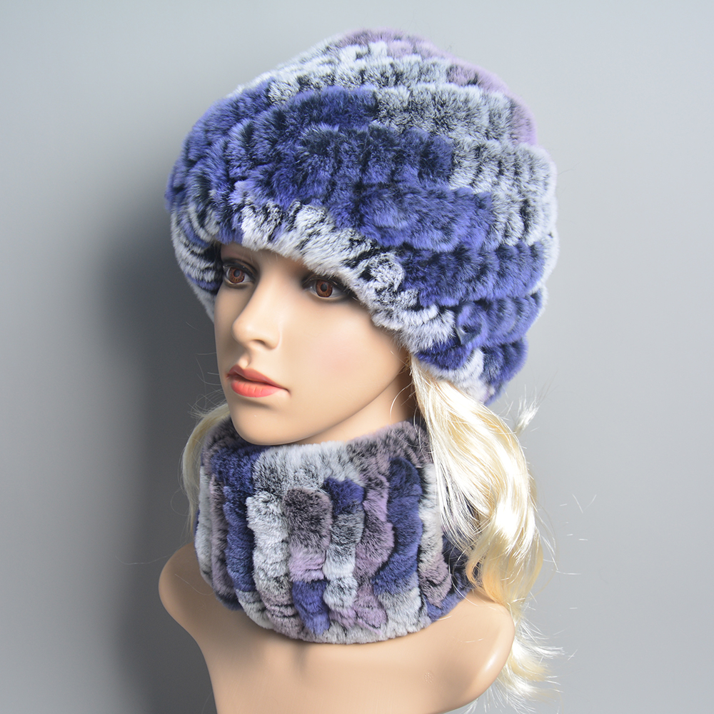 Conjunto de bufanda de piel de conejo Rex Real para mujer, gorro de mufla de piel de conejo Rex Natural cálido, sombreros de invierno, buena elasticidad