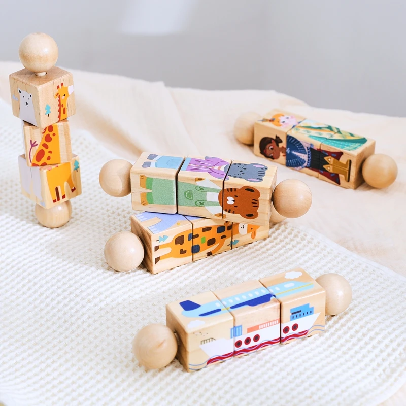 1PC Baby Wooden Montessori Toys Cartoon Blocks Rotate Puzzles Handbells Musical Rattle Toys for Children Educational Toys Gift