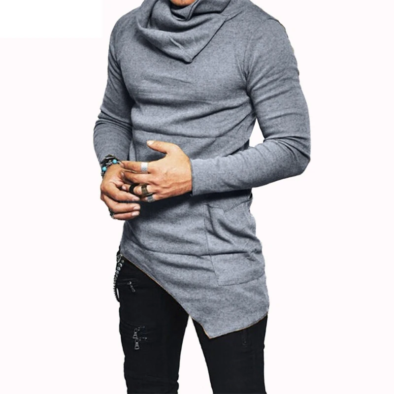 Sudaderas con capucha para hombre, sudadera de manga larga con bolsillo y dobladillo desequilibrado, ropa para hombre, sudadera de cuello alto de otoño, Top con capucha