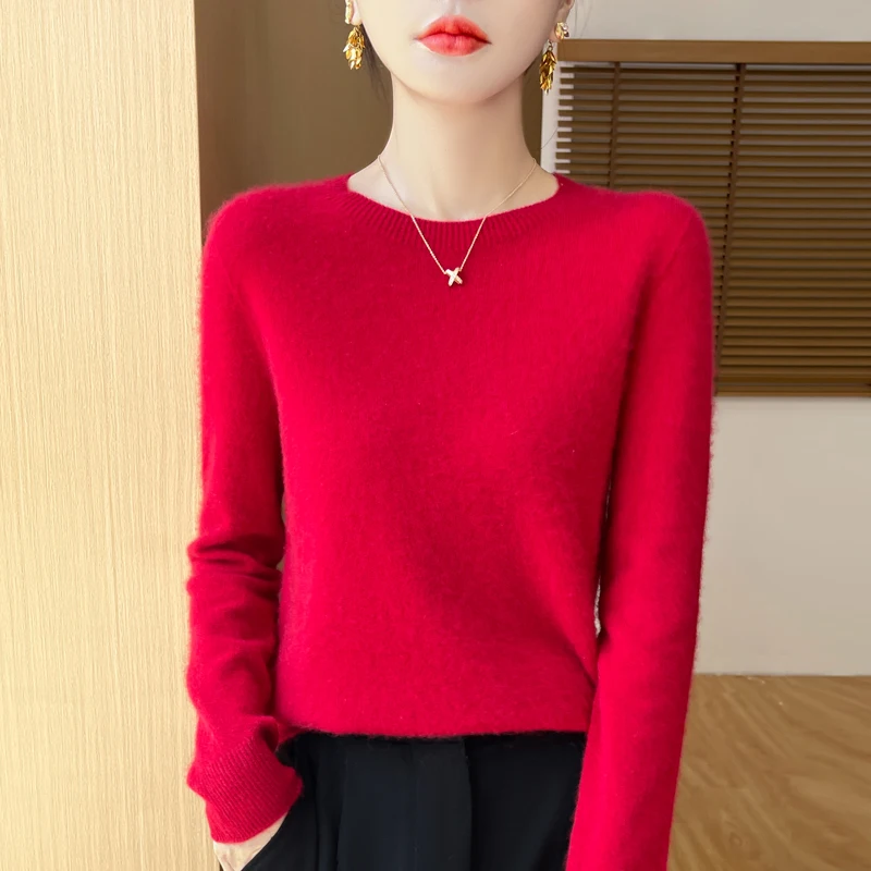 เสื้อสเวตเตอร์100% Merino สีพื้น, เสื้อสเวตเตอร์ถักคอกลมแขนยาวให้ความอบอุ่นทรงหลวมสีพื้นใหม่สำหรับฤดูใบไม้ร่วงและฤดูหนาว