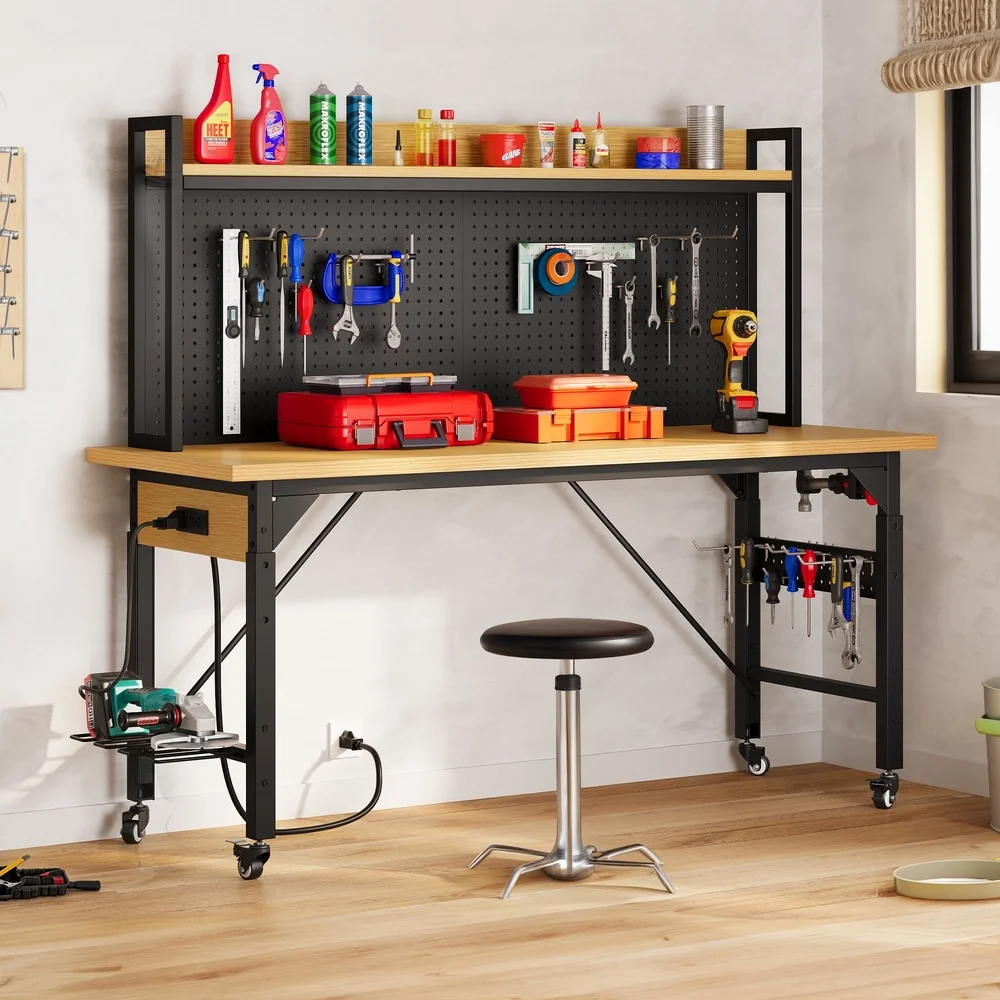 Multifunctional Heavy-Duty Workbench with Wheels Pegboard Power Outlets Adjustable Height 2000lbs Capacity Garage Workshop Tool