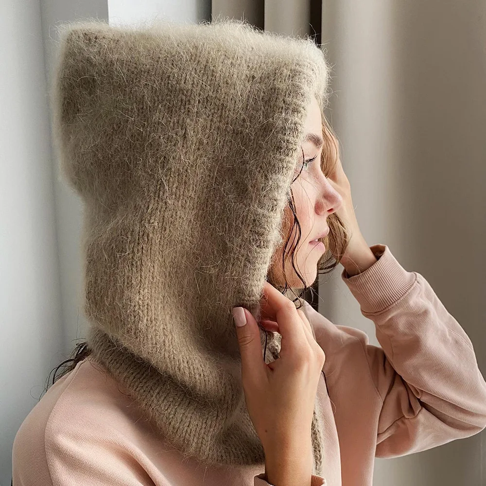 Gorros de Invierno de piel de conejo para Mujer, gorros de punto Unisex con capucha y cuello, gorro de pasamontañas elástico ajustable, Gorros para Mujer, Invierno nuevo