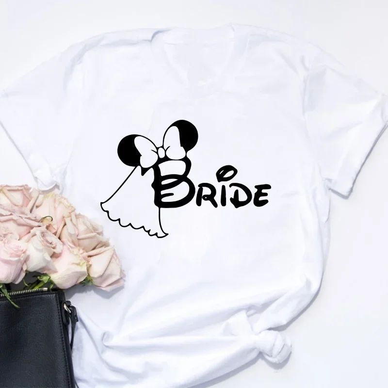 Kaus Lengan Pendek Wanita Disney Pengiring Pengantin Minnie Kaus Putih Kerah Bundar Harajuku Lucu Musim Panas untuk Wanita