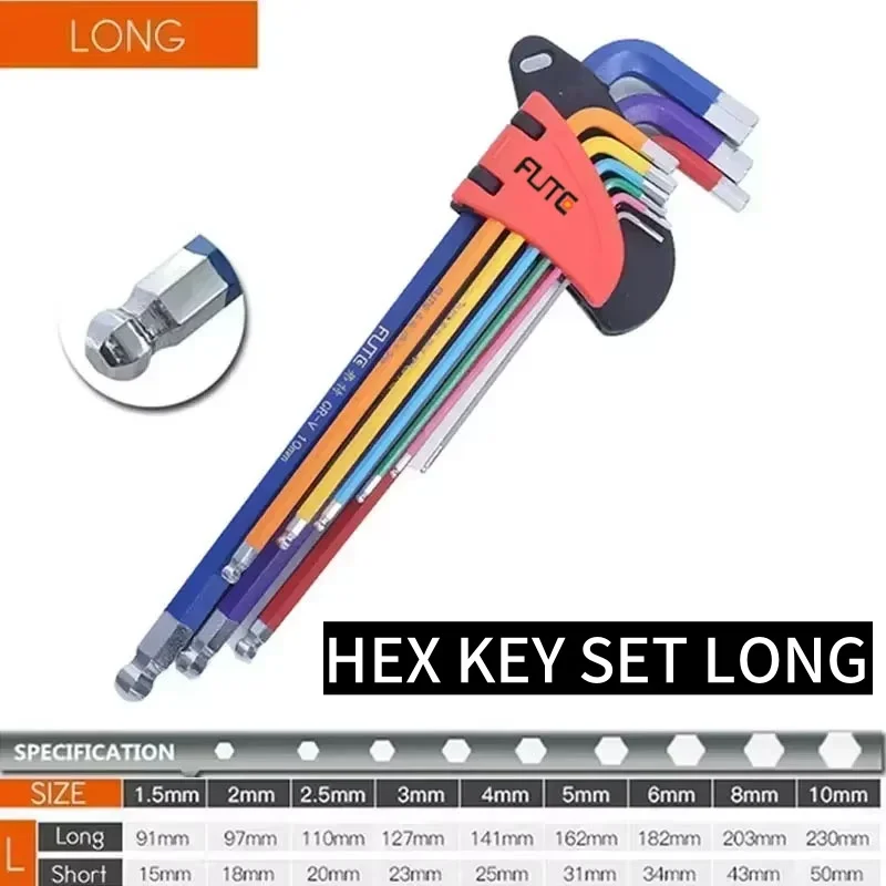 FUTE Allen Key Set L Wrench Kit for Allen Screw 9PCS Long Arm Hex Key Set 1.5mm To 10mm Hex Spanner Hand Tools Bicycle Repair