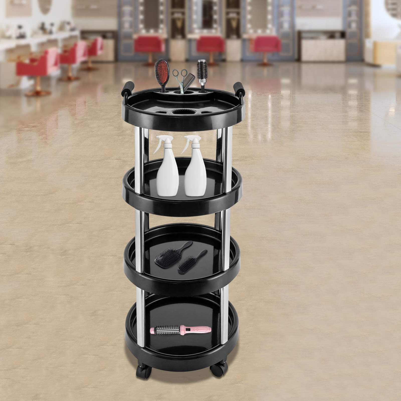 Carrello per parrucchiere rotondo a 4 livelli Carrello per barbiere Carrello per parrucchiere professionale Carrello per cosmetici Carrello oscillante per salone