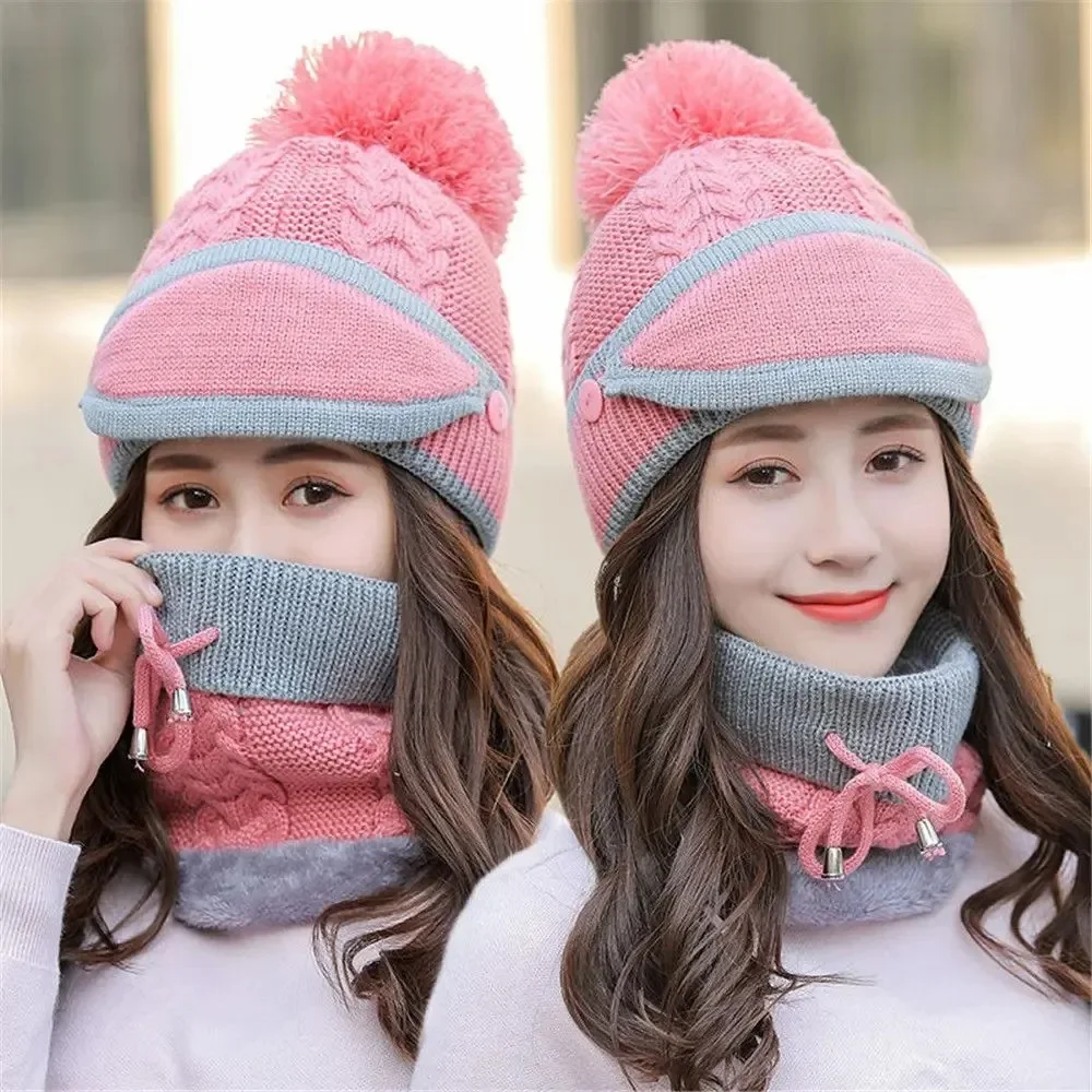 3Pcs 여성 비니 모자 Pom 보블 스카프 마스크 세트 니트 겨울 목 따뜻한 따뜻한 눈 스키 모자 양털 스카프 야외 스포츠