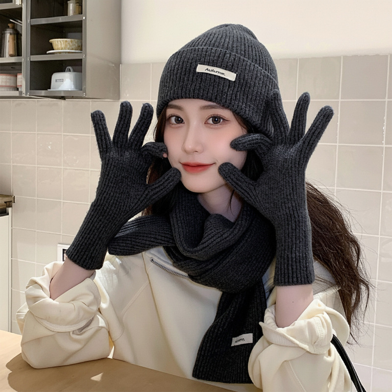 Solid Color Yarn Hat Scarf Gloves Three Piece Set Autumn And Winter Imitation Cashmere Warm New Year's Christmas Set Pretend